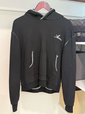 AMIRI Black Hoodie with White Stitch Detail